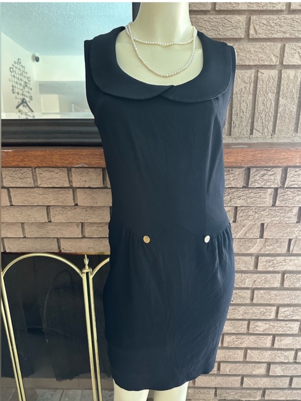 CHANEL Vintage Black Sleeveless Peter Pan Collar Mini Dress with Gold Buttons